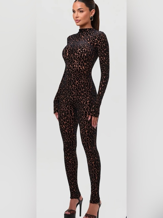 Naked Wardrobe Pants - Women's Leopard Print Long-Sleeve Jumpsuit - Brown/Black